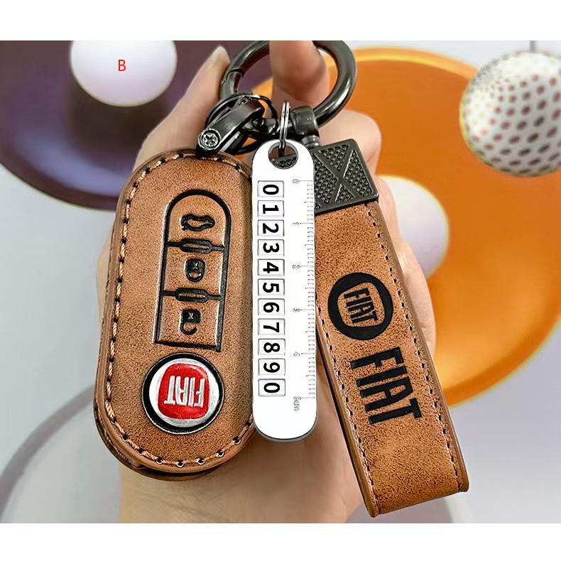 キーケース FIAT 500 レザー ストラップ付き レッド ブラウン イタリア