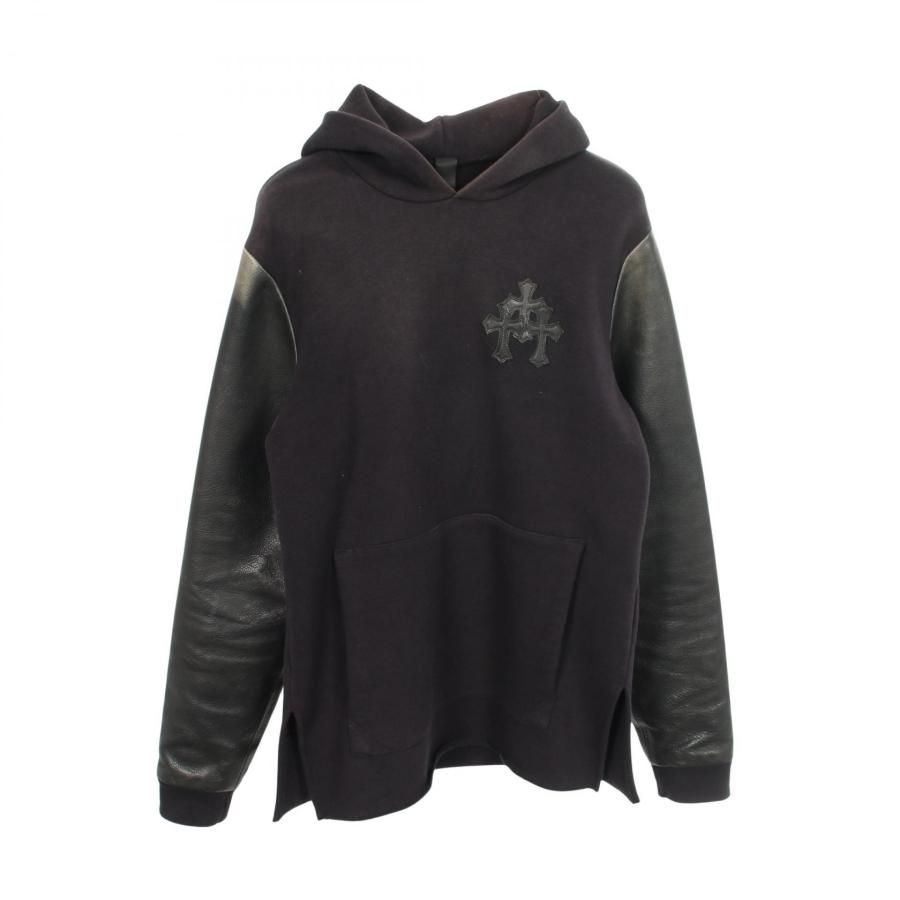 クロムハーツ CHROME HEARTS セメタリークロスパッチ レザー切替 裏起毛 パーカー 衣料品 トップス コットン レザー メンズ ブラック系 【中古】 クロムハーツ セメタリークロスパッチ レザー切替 裏起毛 ブランドオフ