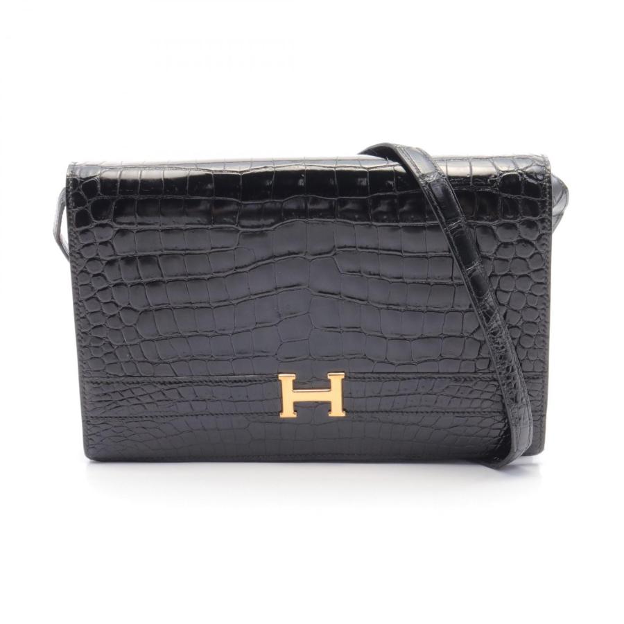 HERMES ブラック クロコダイルレザー ショルダーバッグ HERMES クロコダイル皮製品ブラックショルダーバッグ