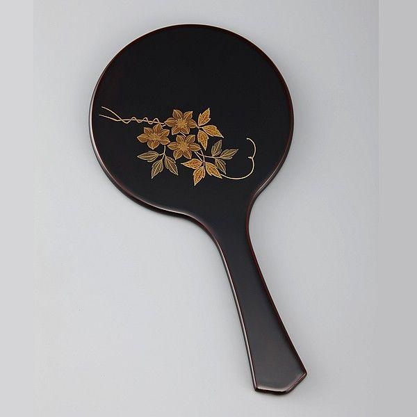 輪島塗　手鏡　鉄線蒔絵　丸形　溜塗り