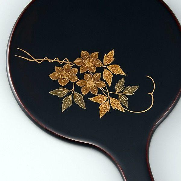 輪島塗　手鏡　鉄線蒔絵　丸形　溜塗り 