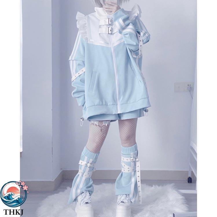 水色 フリルジャケット ハーフパンツ レッグウォーマー サブカル