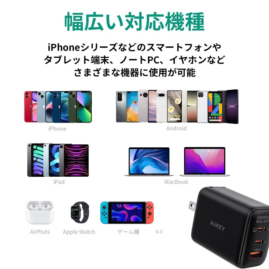 USB充電器 ACアダプター USB Type-C Type-A 3ポート 65W出力 3台同時充電 PD PPS QC対応 スマホ ノートPC 折りたたみ式プラグ AUKEY Omnia II Mix PA-B3T｜mikimotobeans｜12