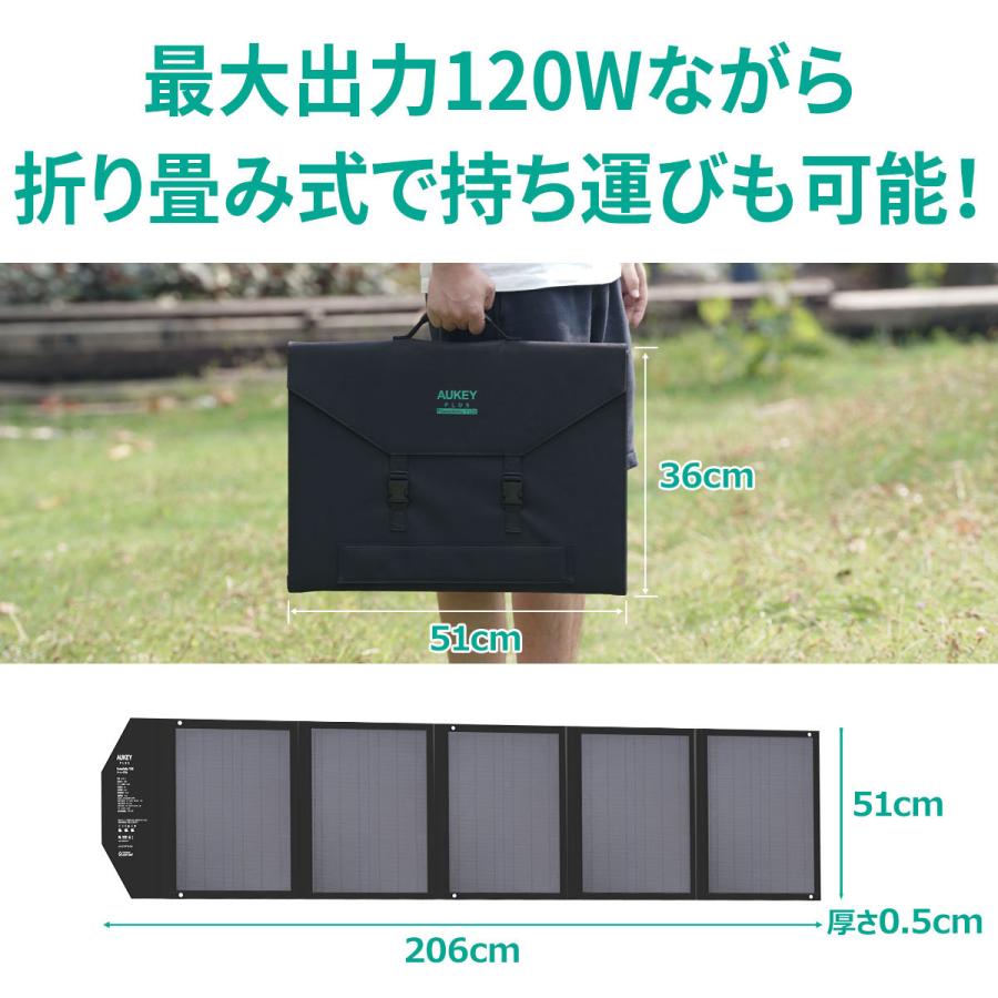 ソーラーチャージャー ソーラーパネル 120W 折りたたみ式/USB出力/DC出力 高変換効率 防災 AUKEY オーキー SP-GP12-BKの画像