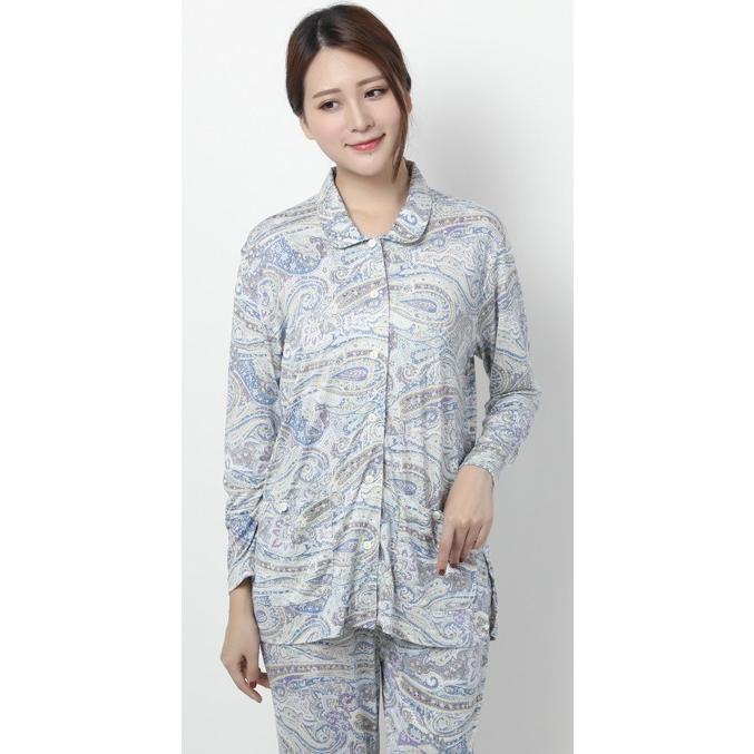 最新エルメス 絹100 部屋着 シルクニット ペイズリー柄 前開き 長袖 No 612 レディース シルクパジャマ 前開き 衿付き 21 母の日 ギフトにもお勧めの前開きシルクニット 絹 パジャマ 下着 靴下 部屋着