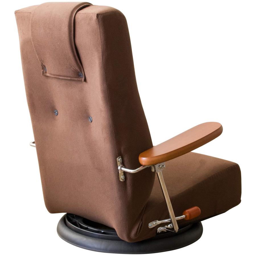 日本製　腰に優しい座面デザインが特徴のリクライニング回転座椅子　肘付き　布ブラウン色｜mikiyakagu｜04