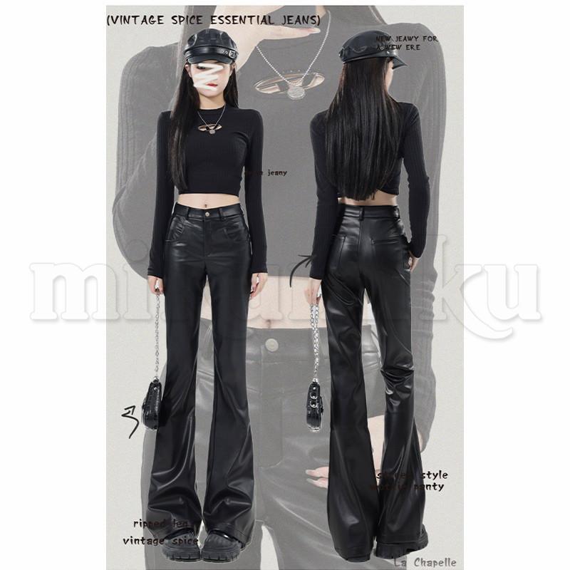 レザーパンツ レディース ロング丈 フレアパンツ 体型カバー フレア 細