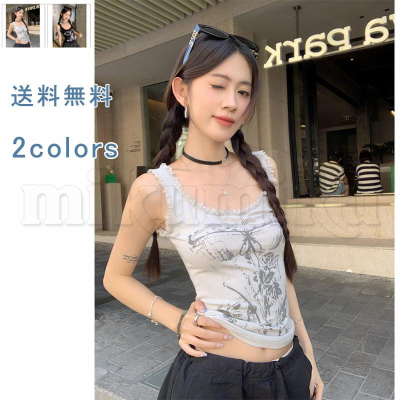 Tシャツ タンクトップ ベスト 英文字 レース プリント ノースリーブ
