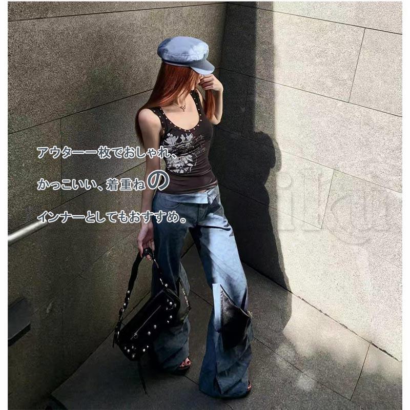 Tシャツ タンクトップ ベスト レトロ ノースリーブ パンク ギャル Y2K