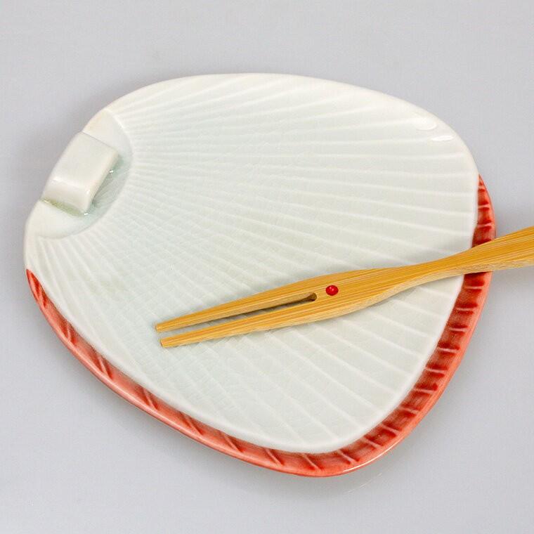 268248 茶道 和食器 団扇型 皿 竹製ピック付き 陶器 うちわ型菓子皿