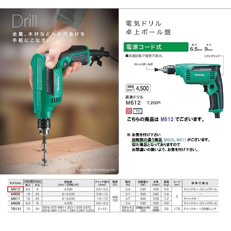 マキタ（makita） 電気ドリル ＜M612＞ 電源コード式 回転数4500