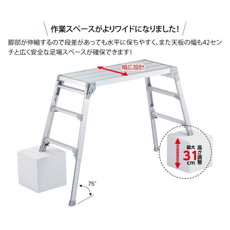 ハセガワ 脚部伸縮式アルミ足場台 65〜96cm 天板幅広タイプ ＜DRSW 