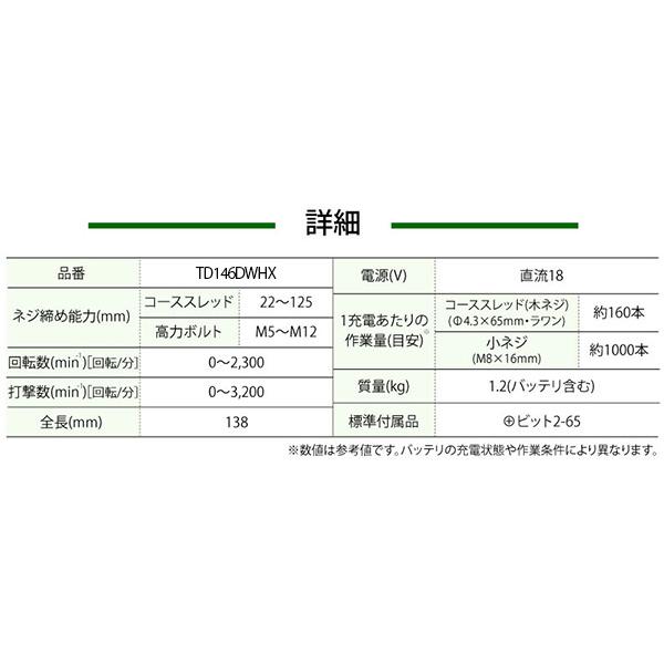 マキタ 充電式インパクトドライバ 18V 1.5Ah <TD146DWHX マキタ 充電式インパクトドライバ 18V 1.5Ah <TD146DWHX