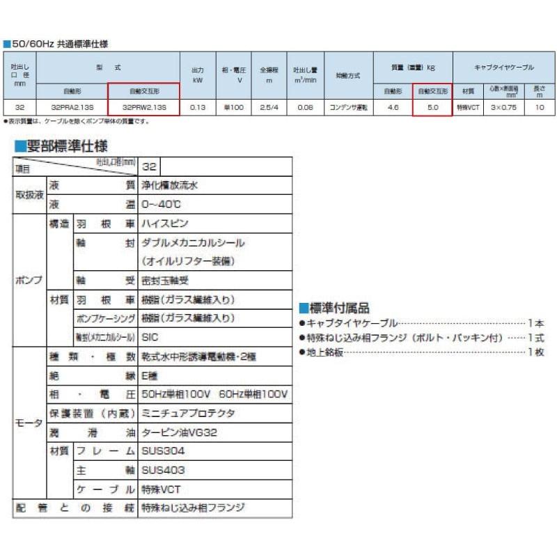 ツルミポンプ ＜32PRW2.13S-92＞ 浄化槽専用水中ハイスピンポンプ 自動