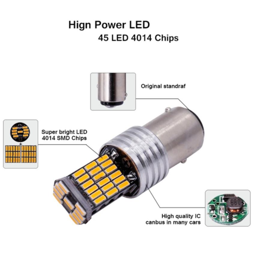 爆光 LED 12V 45連 LED SMD T20 S25 ダブル シングル 180度 ブレーキランプ バックランプ テールランプ 45SMD 6500K キャンセラー内蔵 2個SET｜mil-parts｜08