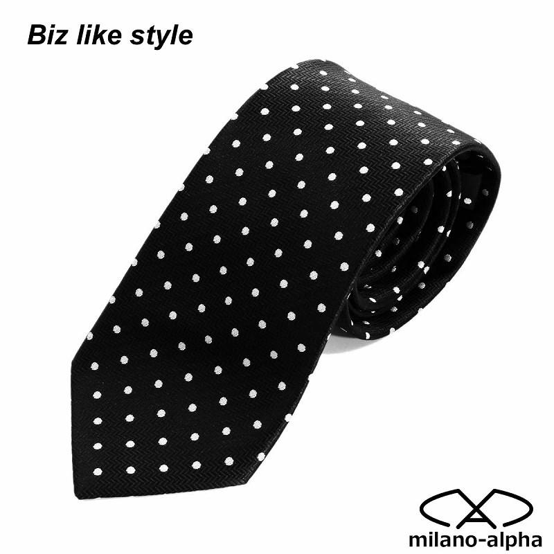 ワンポイントのロゴマークを目印に締めると 長さ調節が簡単に出来るとても便利な機能性ネクタイ 水玉柄 ピンドット ブラック 黒 系 Ort171 Ort171 ミラノアルファー 通販 Yahoo ショッピング