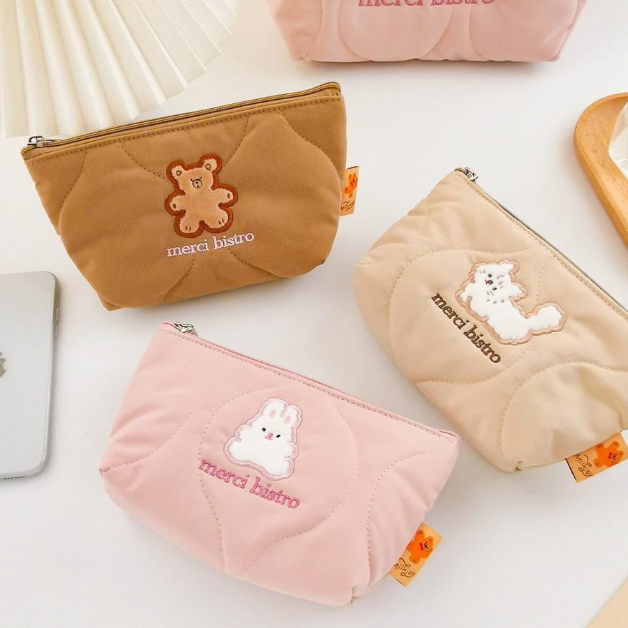 Milkjoy Merci Bistro ワンポイントアニマル柄 刺繍ロゴ キルティングポーチ 韓国 ペンケース Icjpir