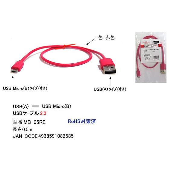 USB2.0 タイプA オス ⇔USB MicroB オス フラット 変換ケーブル 赤 50cm UC-MB-05RE｜milford