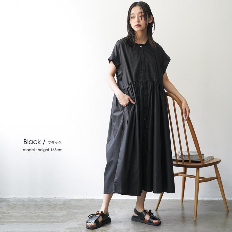 半袖前開きワンピース シャツワンピ ノーカラー 2WAY ゆったり