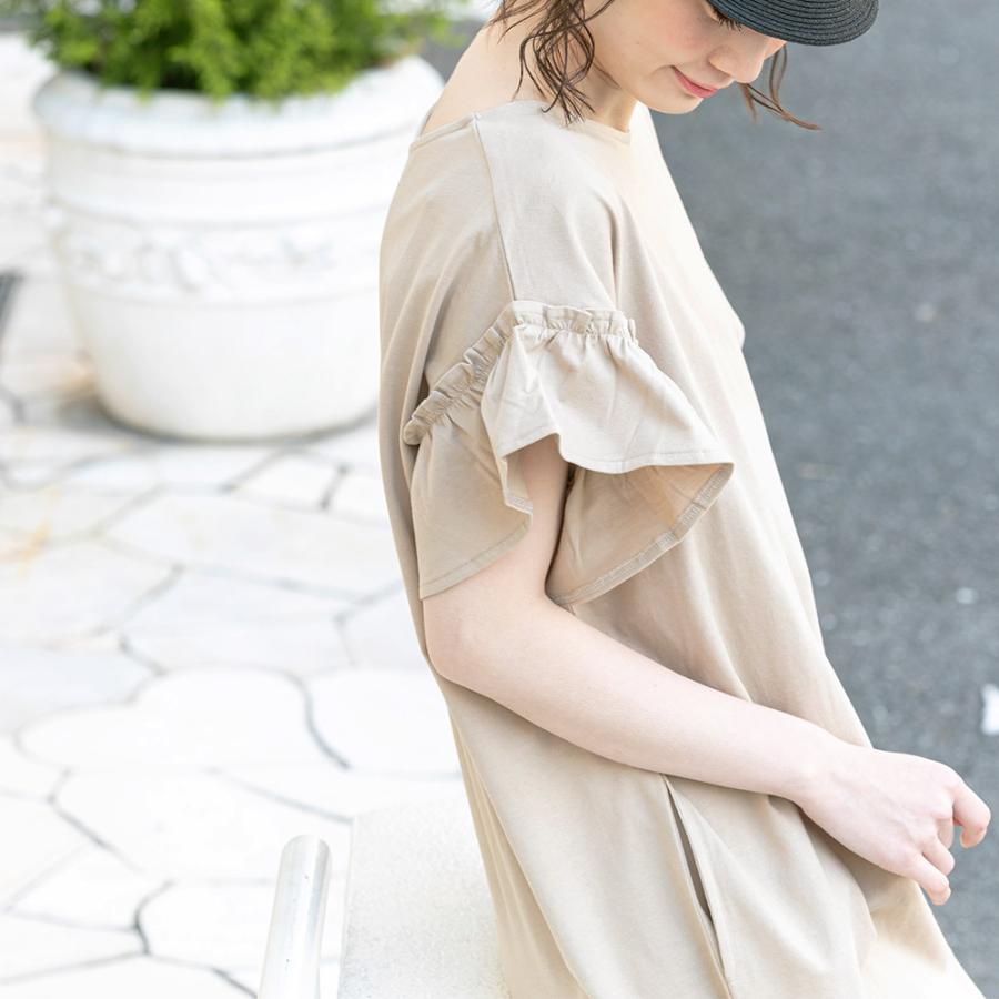 レディース ワンピース 綿100％ フリル袖 Tシャツワンピース
