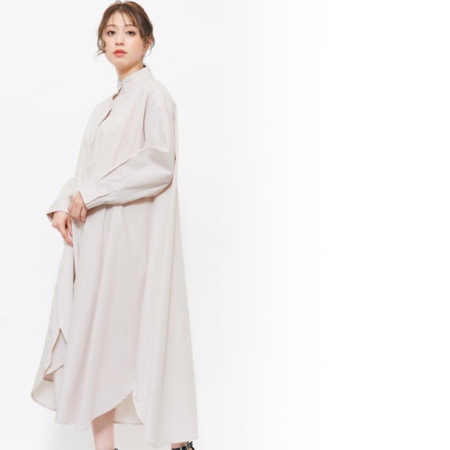 シャツワンピース レディース スタンドカラー フレアシャツワンピ
