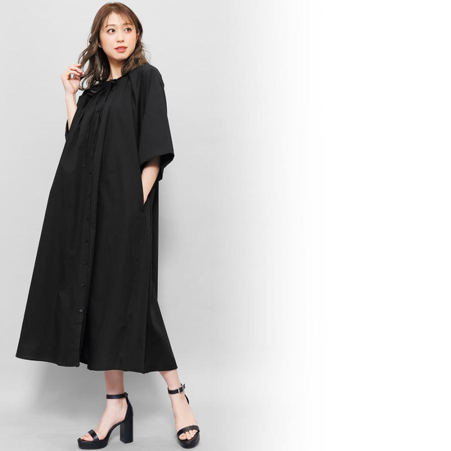 リボンシャツワンピース レディース タックシャツワンピ 7分袖  