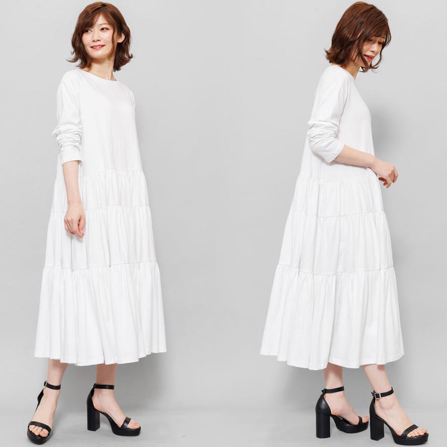 ティアードワンピース レディース 綿100% ボリュームワンピース クルー