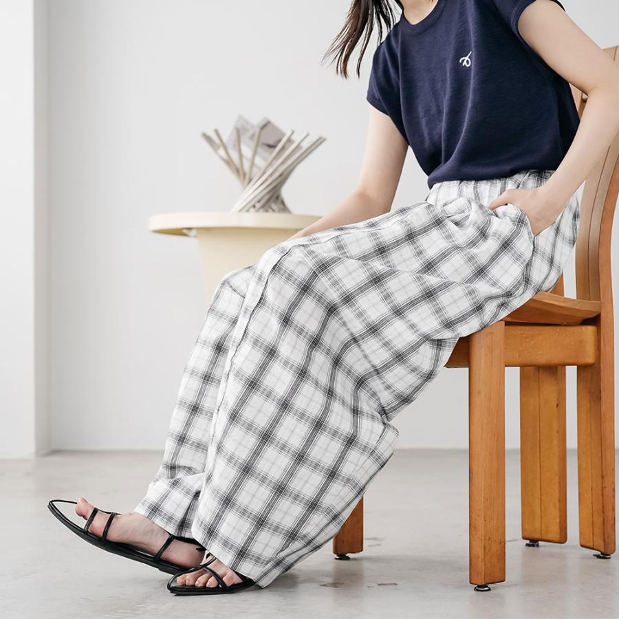 チェックワイドパンツ カーブパンツ チェックパンツ ウェストゴム