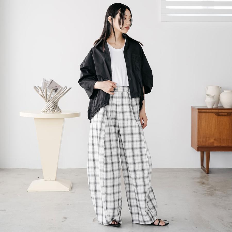チェックワイドパンツ カーブパンツ チェックパンツ ウェストゴム