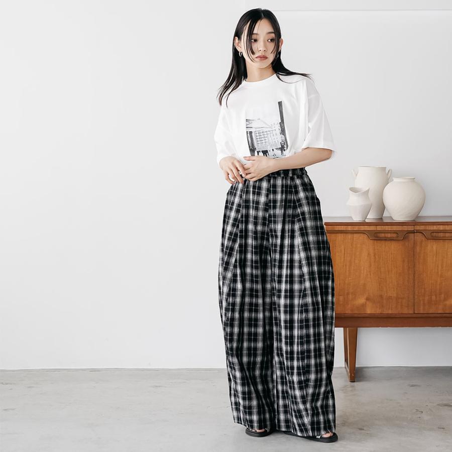 チェックワイドパンツ カーブパンツ チェックパンツ ウェストゴム
