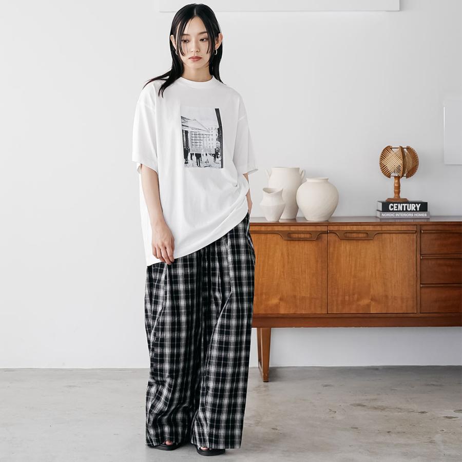 チェックワイドパンツ カーブパンツ チェックパンツ ウェストゴム