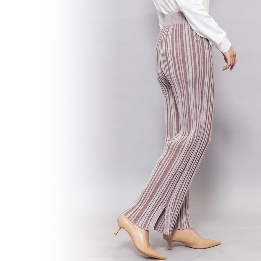 リブニットパンツ レディース ボトムス スリットパンツ ストレッチ素材 
