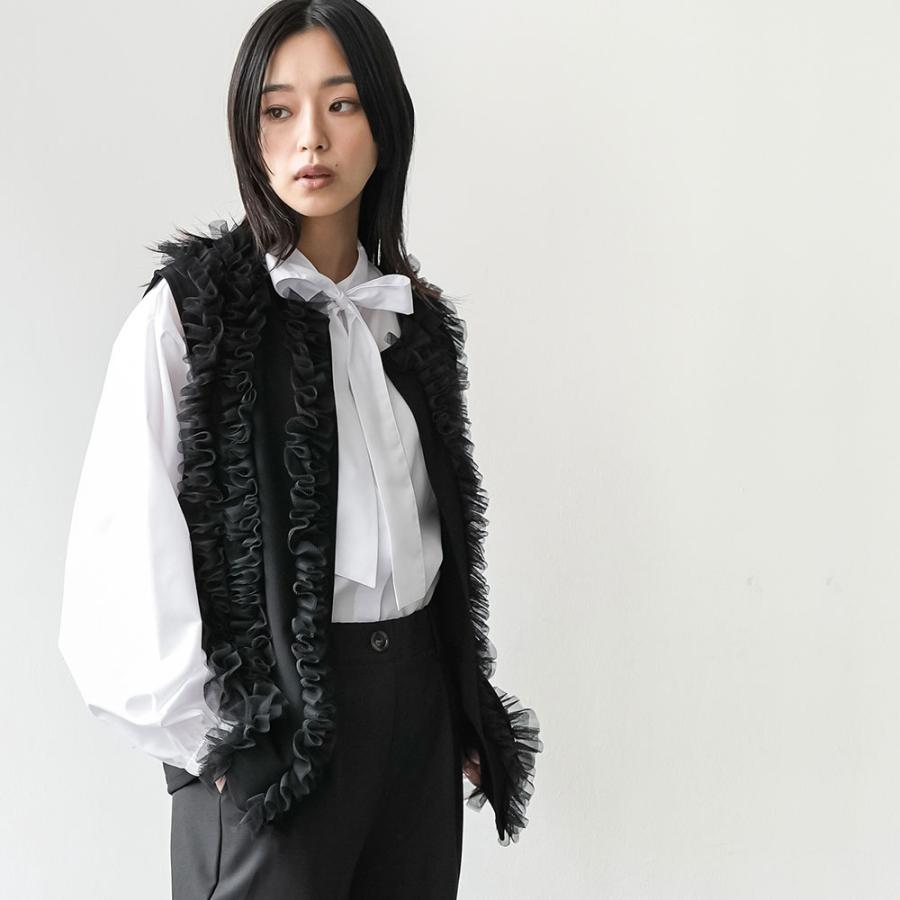 フリルチュールドッキングベスト ノーカラーベスト ジレ ミドル丈 黒 Frene ベスト ジレ チュールドッキングベスト レディース : ZOZOTOWN