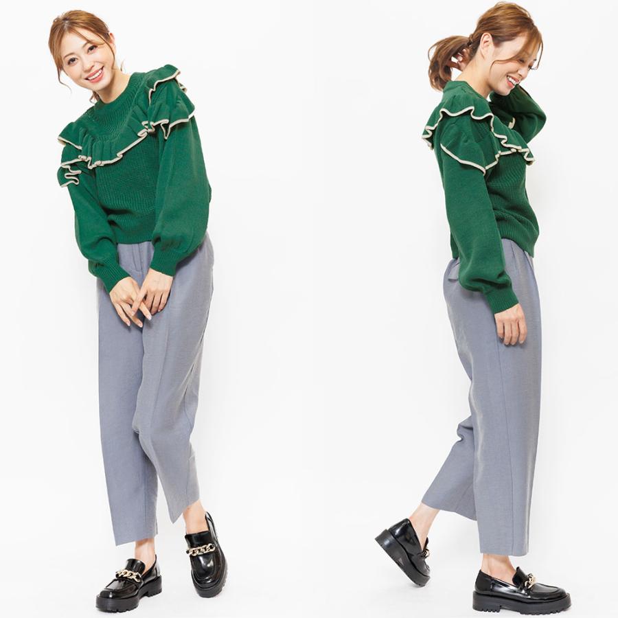 畦編みニット レディース 胸フリル デザインニット トップス