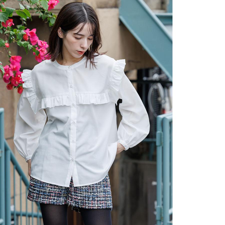 エステルブロードフリル切替ブラウス レディース トップス シャツ 長袖 