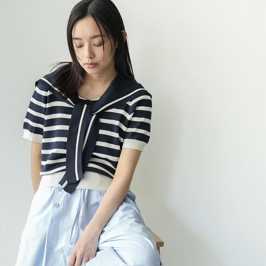TSURU by Mariko Oikawaボーダー半袖ニットA56 セーラー半袖ニットプルオーバー セーラーカラー 半袖ボーダー
