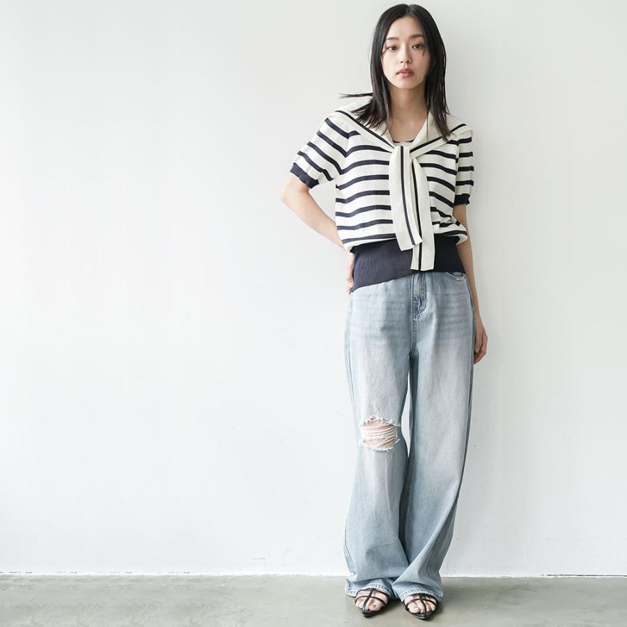 セーラー半袖ニットプルオーバー セーラーカラー 半袖ボーダーサマー