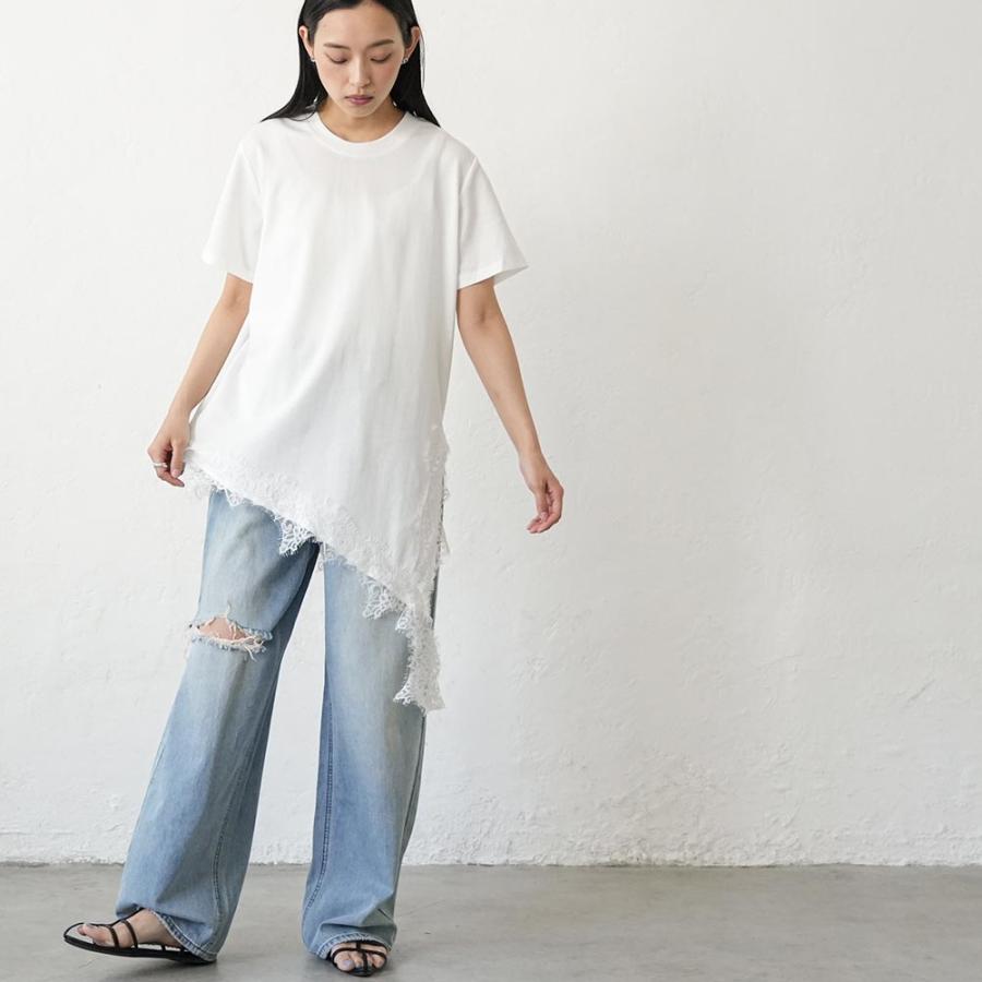 mili an deni（ミリアンデニ） 裾レーススリットTシャツ アシメ裾