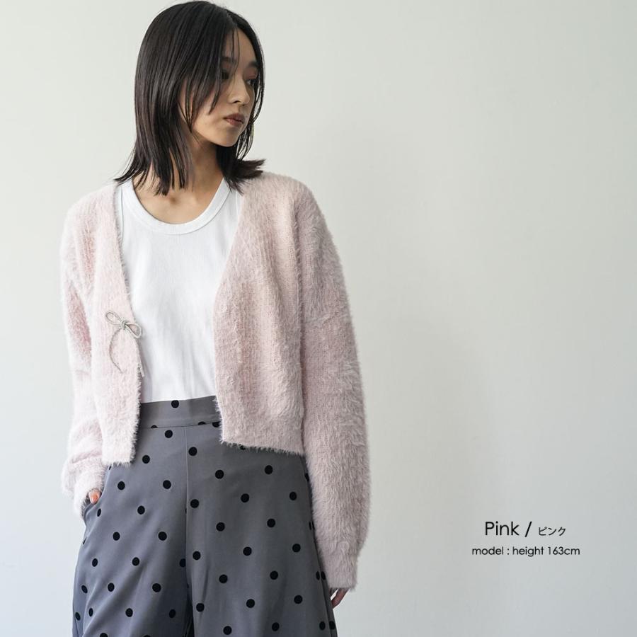 ミンクフェザービジューリボンカーディガン ビジューリボンカーデ