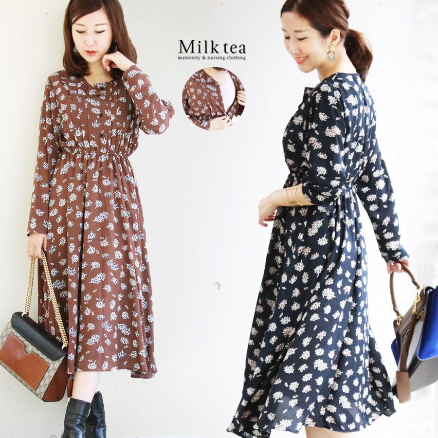 授乳服 コスモス シフォンワンピース ボタンタイプの授乳口 ウエストゴム 授乳服 お宮参り お呼ばれ ワンピース 秋 冬 長袖 冬 プリント 84 授乳服とマタニティ服のmilk Tea 通販 Yahoo ショッピング
