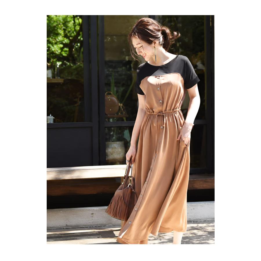 マタニティ 服 授乳服  半袖マーガレットビスチェレイヤード風ワンピース 【6115126】ボタンタイプの授乳口 ワンピ 半袖 Tシャツ風 重ね着風 カジュアルの画像