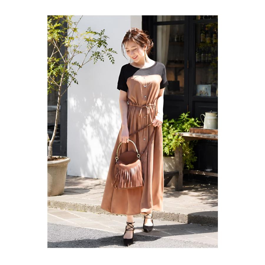マタニティ 服 授乳服  半袖マーガレットビスチェレイヤード風ワンピース 【6115126】ボタンタイプの授乳口 ワンピ 半袖 Tシャツ風 重ね着風 カジュアルの画像