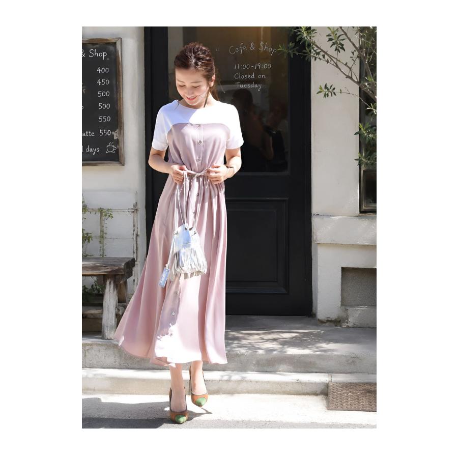 マタニティ 服 授乳服  半袖マーガレットビスチェレイヤード風ワンピース 【6115126】ボタンタイプの授乳口 ワンピ 半袖 Tシャツ風 重ね着風 カジュアルの画像