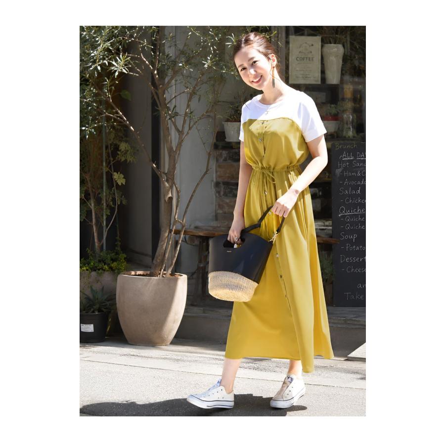 マタニティ 服 授乳服  半袖マーガレットビスチェレイヤード風ワンピース 【6115126】ボタンタイプの授乳口 ワンピ 半袖 Tシャツ風 重ね着風 カジュアルの画像