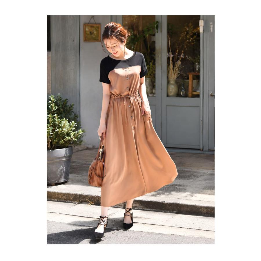 マタニティ 服 授乳服  半袖マーガレットビスチェレイヤード風ワンピース 【6115126】ボタンタイプの授乳口 ワンピ 半袖 Tシャツ風 重ね着風 カジュアルの画像