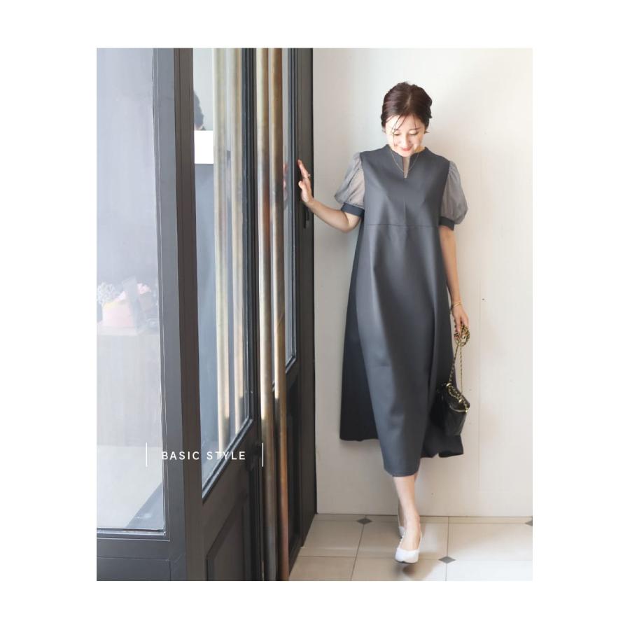 マタニティ 服 授乳服 エリーゼ・シアーパフスリーブキーネックワンピース ジッパータイプ  戌の日 お宮参り フォーマル Milk teaの画像
