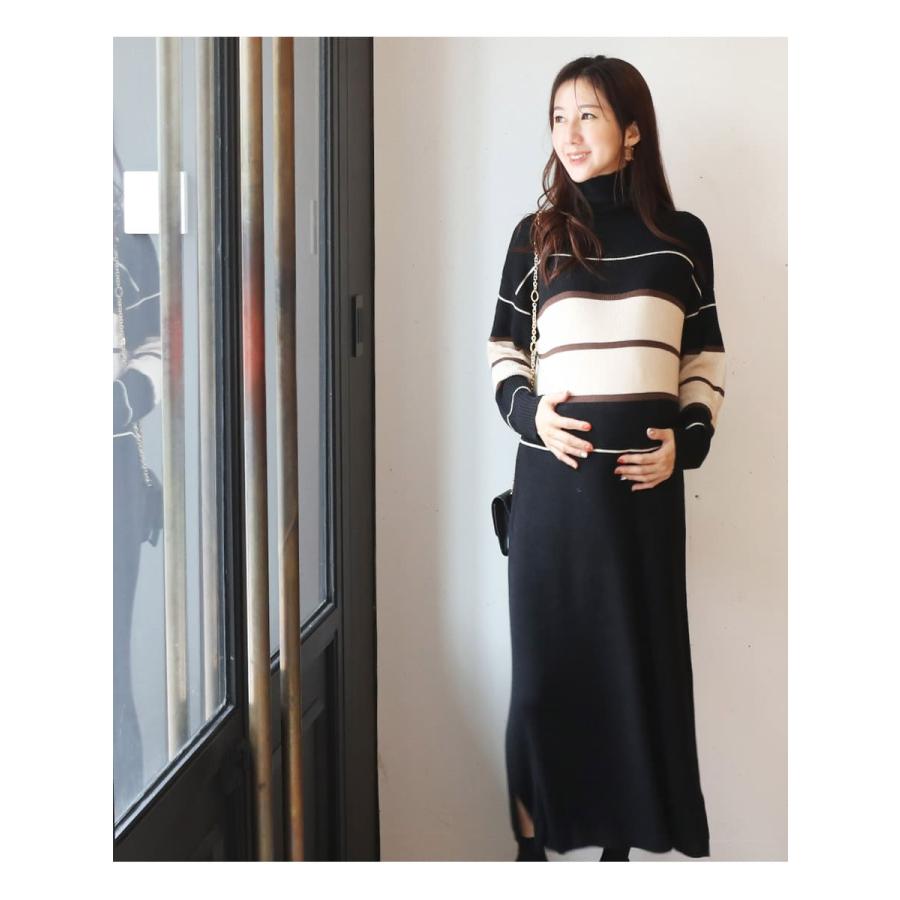 マタニティ 服 授乳服 ヘイゼル・ランダムボーダーニットワンピース ジッパータイプ 【6425273】 ニットワンピース 暖か ハイネック |  | 17
