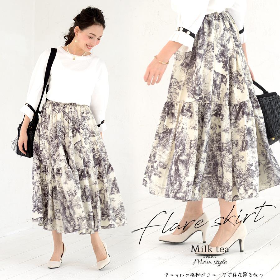 Milk tea next エキゾチック総柄フレアスカート フレアスカート  