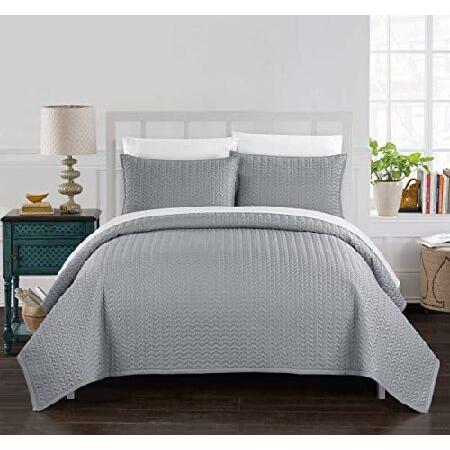 50%OFF Chic Home Weaverland 3 Piece Cover Set Geometric Chevron Quilted Bedding-Decorative Pillow Shams Included, Queen, Silver カバー、シーツセット