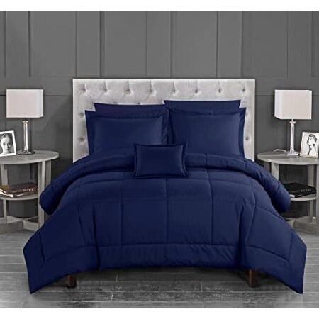 65%OFF【送料無料】 Comforter 8 Jordyn Home Chic Set Navy King, Included, Shams Pillow Decorative Bedding-Sheets Bag Complete Design Stitched Color Solid Pieced カバー、シーツセット